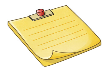 Yellow notepad with lines and a red pushpin isolated on transparent background