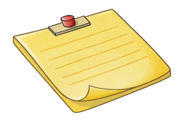 Yellow notepad with lines and a red pushpin isolated on transparent background
