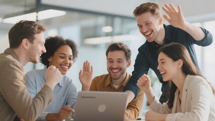 Group of colleagues waving and smiling while gathered around a laptop in an office setting
