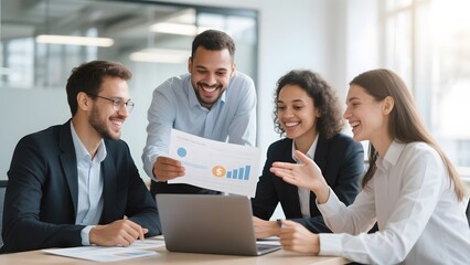 Business team discussing data charts around a laptop in a modern office setting