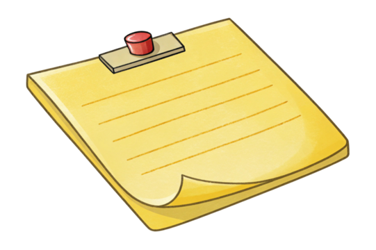 Yellow notepad with lines and a red pushpin isolated on transparent background