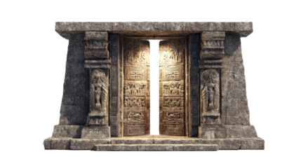 Open stone temple double doors, ancient carvings glowing with light, isolated on white