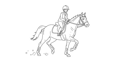 Line art of equestrian rider galloping on horse