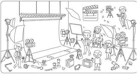 Busy film set with kids working as crew in black and white outline drawing