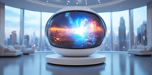 Futuristic Virtual Reality Pod with Cityscape View in Modern Lounge