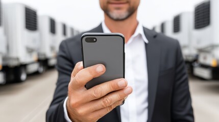 Professional businessman in a classic dark suit and tie intently using his modern smartphone for business communication connectivity in corporate office setting