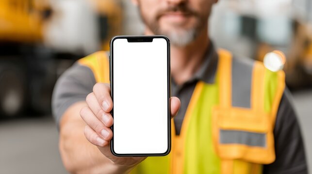 A professional male industrial worker in bright yellow safety vest managing logistics with mobile smartphone inside modern warehouse with inventory shelves - Powered by Adobe
