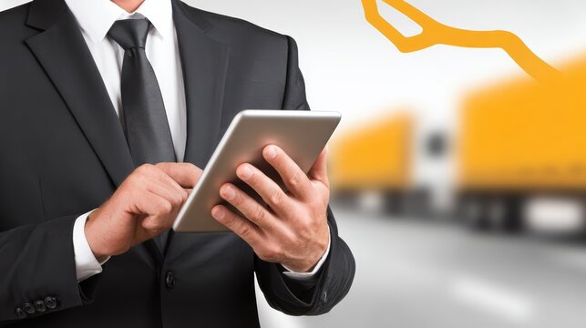 Successful professional businessman in a formal suit using modern digital tablet for corporate management, data analytics, and strategic business planning in focused work setting.