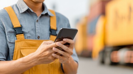 Focused male construction worker in a high visibility yellow safety vest using smartphone on an industrial job site for professional communication.