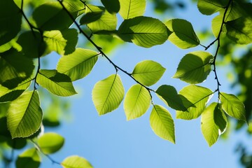 Fototapeta premium Fresh green leaves against a bright blue sky