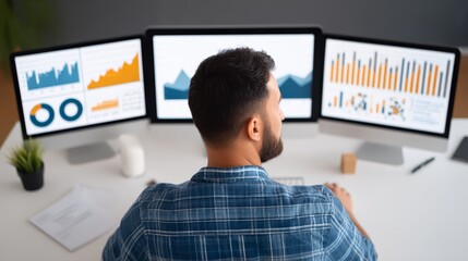 Focused male developer working late at a desk on complex project with powerful multimonitor computer workstation in dark room displaying code and analytics data.