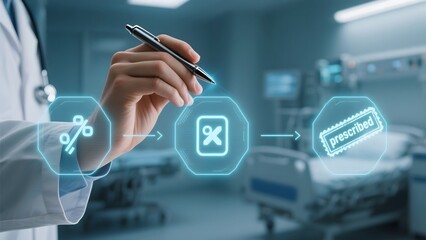 Medical professional interacting with digital prescription workflow in a hospital setting