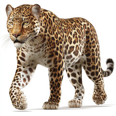 Beautiful leopard walking and looking at the camera isolated on white background