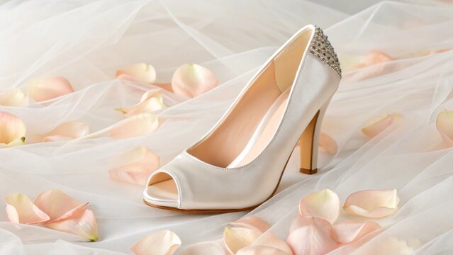 Elegant ivory satin bridal peep-toe high heel embellished with crystals, nestled on delicate tulle fabric strewn with soft blush rose petals; romantic wedding detail.
