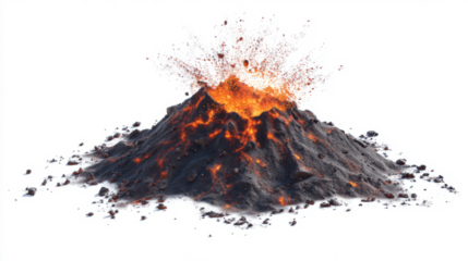 Top-down cutout of volcano spewing magma and black ash, white isolated surface