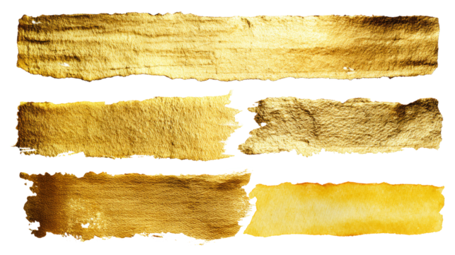 Torn gold foil strips and sheets, shiny and rough edges, metallic texture elements