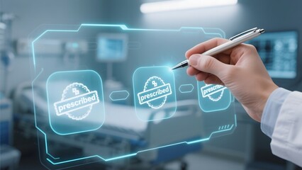Hand interacting with a futuristic digital interface displaying 'prescribed' labels in a medical setting