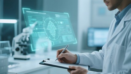 Scientist in lab coat analyzing data on a futuristic holographic display while writing notes.