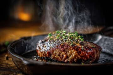 Juicy Grilled Steak with Fresh Herbs and Steam Rising Deliciously