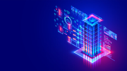 Development AI computer systems of smart building. Engineering of building construction, communication, electricity with AI controls. A drawing of a building surrounded by icons of a smart home system