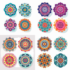Collection of vibrant, circular, decorative patterns, featuring intricate floral and geometric designs. Each pattern is unique in its color scheme and detail.