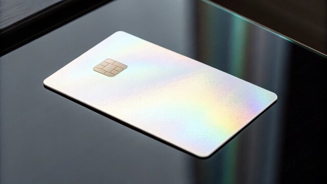 A blank credit card with a chip on a reflective surface, symbolizing secure and modern financial transactions, isolated on white background
