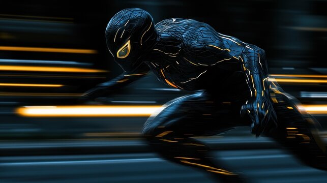 A figure in motion, with glowing lines and a dynamic pose.