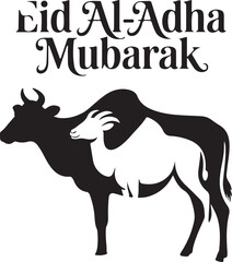 Eid Al Adha Mubarak Celebration with Silhouette of Cow and Goat Symbolizing Sacrifice and Festivity for Islamic Holiday and Religious Observance