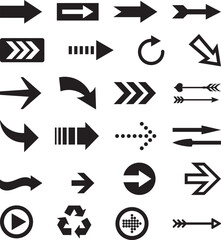 A versatile collection of black arrow icons in various styles including straight, curved, dotted, looped, and block forms. Ideal for web design, UI/UX, navigation, info graphics, and presentations.
