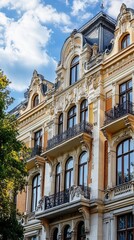Fototapeta premium Ornate facade of a multi-story building with decorative details, balconies, and arched windows under a partly cloudy sky