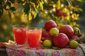 Refreshing Fresh Juice and Fruits Under Sunlit Orchard Background