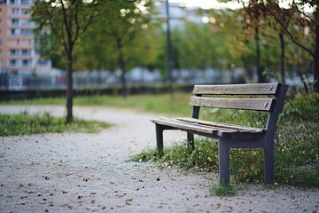 Park bench on a gravel path, trees and buildings in the background