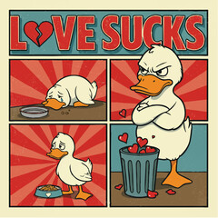 Funny retro comic strip of a sad duckling experiencing heartbreak and anger.