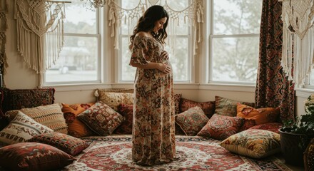 Expecting mother embraces upcoming arrival in tranquil bohemian space filled with love