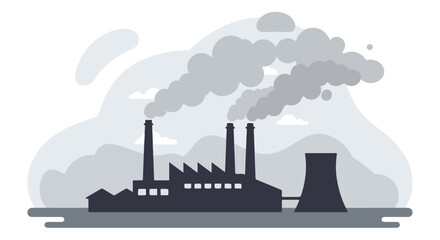 Fototapeta premium Silhouette of a factory emitting smoke with overcast gray, foggy background