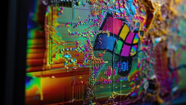 Vibrant Circuit Board with Abstract Digital Art and Glitch Effect