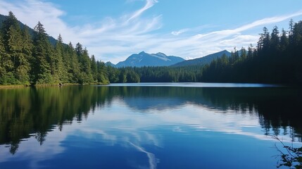 Fototapeta premium Serene lake reflecting mountains and forest