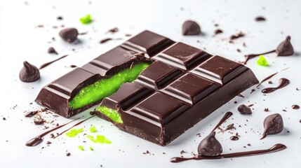 Fototapeta premium Dubai Chocolate Kunafa Pistachio on white background,Dubai Chocolate bar with green kadayif and pistachio spread,popular and viral chocolate 2024,space for text.