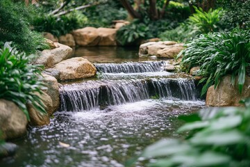 Small waterfall cascading over stones in lush garden