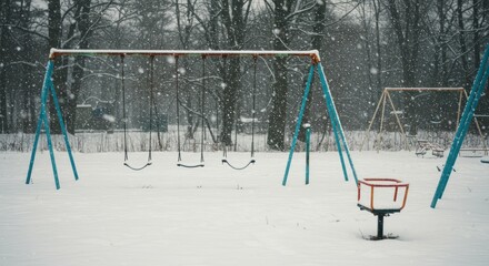 Snow-covered playground featuring swings in a wintry landscape evokes childhood memories