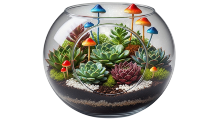 Photo of a whimsical terrarium filled with vibrant succulents and colorful mushrooms in a clear glass bowl isolated on transparent background