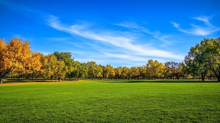 Fototapeta premium Sunny autumn park scene with golden trees and a vibrant green lawn
