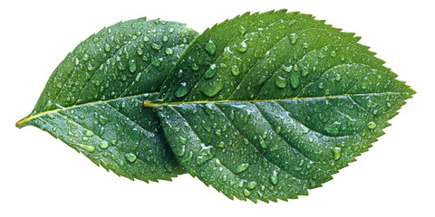 Fototapeta premium Close up of two vibrant green leaves with dew drops glistening on their textured surfaces showcasing natural beauty and freshness isolated on transparent background