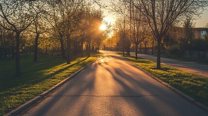 Fototapeta premium Sunset path through trees, long shadows on asphalt