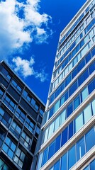 Fototapeta premium Two modern office buildings against a vibrant blue sky with fluffy clouds
