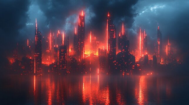 Burning city skyline reflected in water - Powered by Adobe