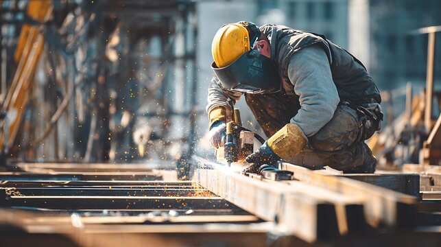 Construction Worker Cutting Wood with Power Tool on Site