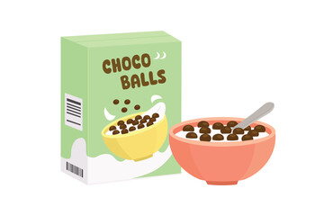 Chocolate balls cereal box. Crunchy cereal breakfast. Cereal and milk. 