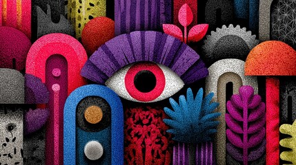 Vibrant Abstract Nature Scene with Central Eye, Colorful Botanical Elements, and Textured Design