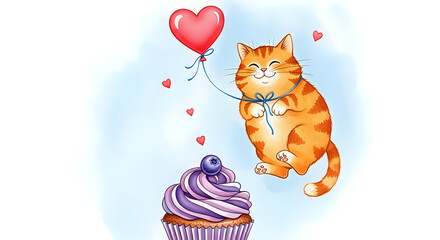 Joyful ginger cat floats happily holding a red heart balloon near a delicious blueberry cupcake